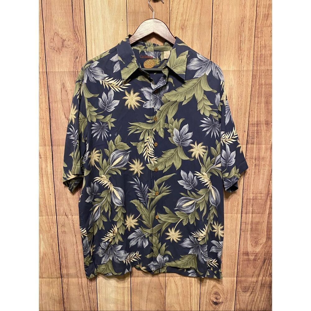 Caribbean Large Hawaiian button up shirt 70% Silk blue green floral men’s